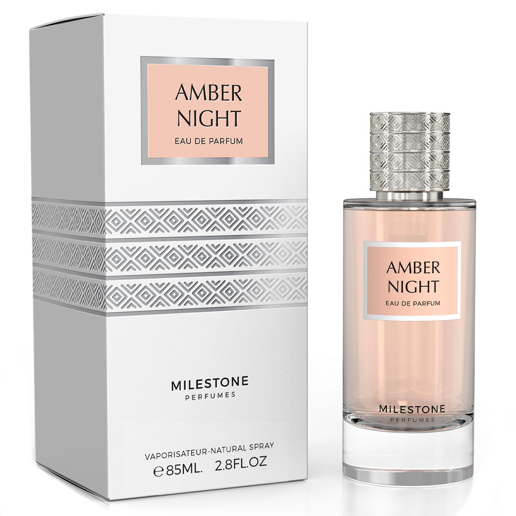 MILESTONE Amber Night — Premium 85 ml Unisex Eau de Parfum | Bergamot & Grapefruit · Damask Rose & Pink Pepper · Ambergris, Guaiac, Cedar & Patchouli