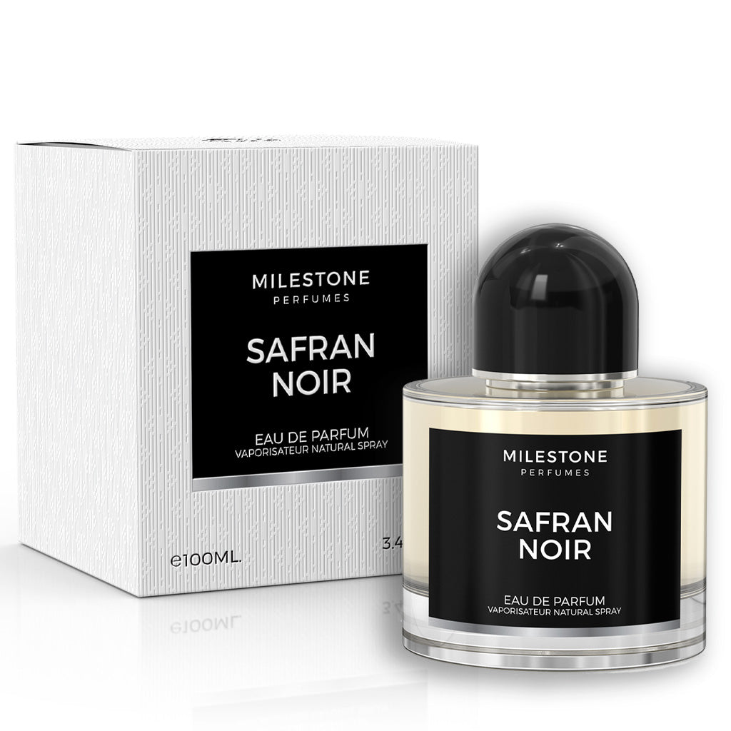 MILESTONE Safran Noir — Premium Unisex 100ml Eau de Parfum | Saffron & Grapefruit Top · Violet & Leather Heart · Raspberry, Cashmeran & Vetiver Base — long-lasting, high-margin retail offer
