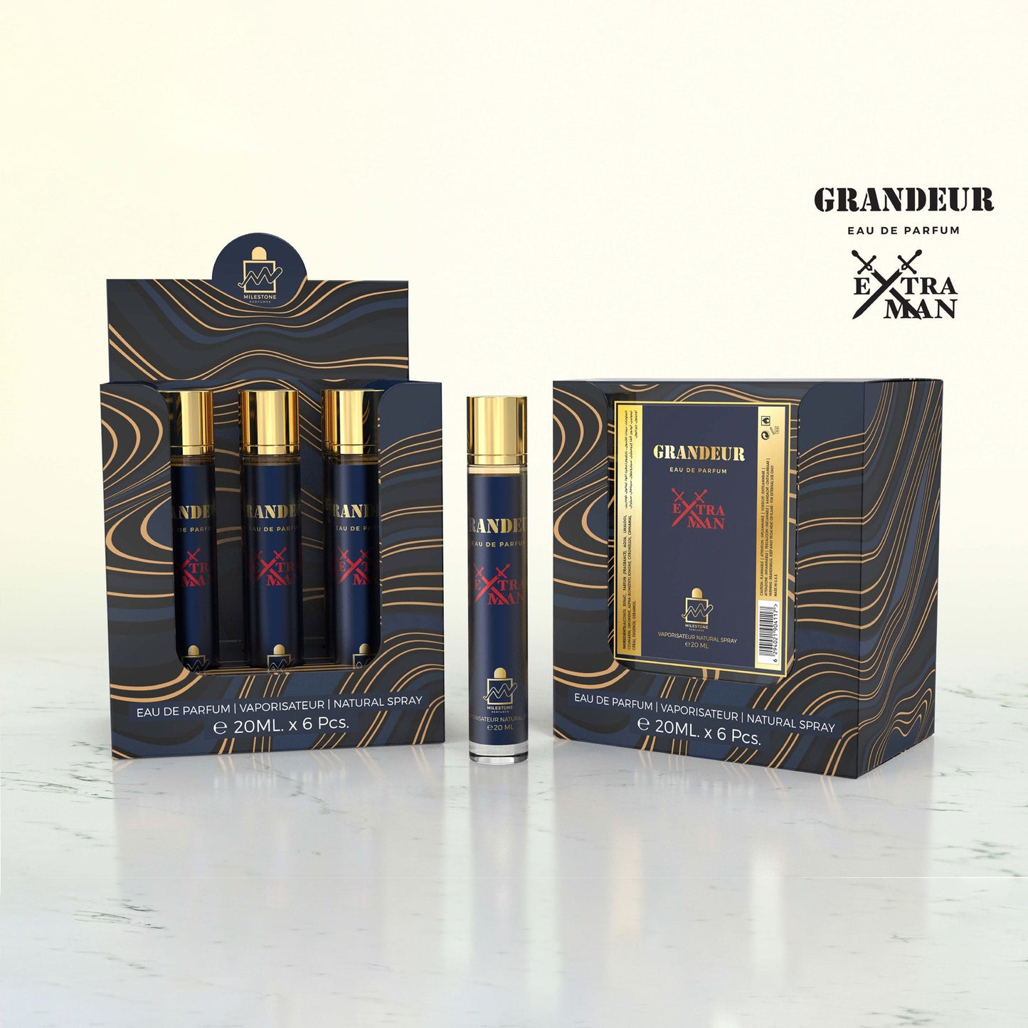MILESTONE Grandeur Extra Man — 5×20ml Retail Pack + Free Tester: Premium, Gift-Ready Men's Eau de Parfum