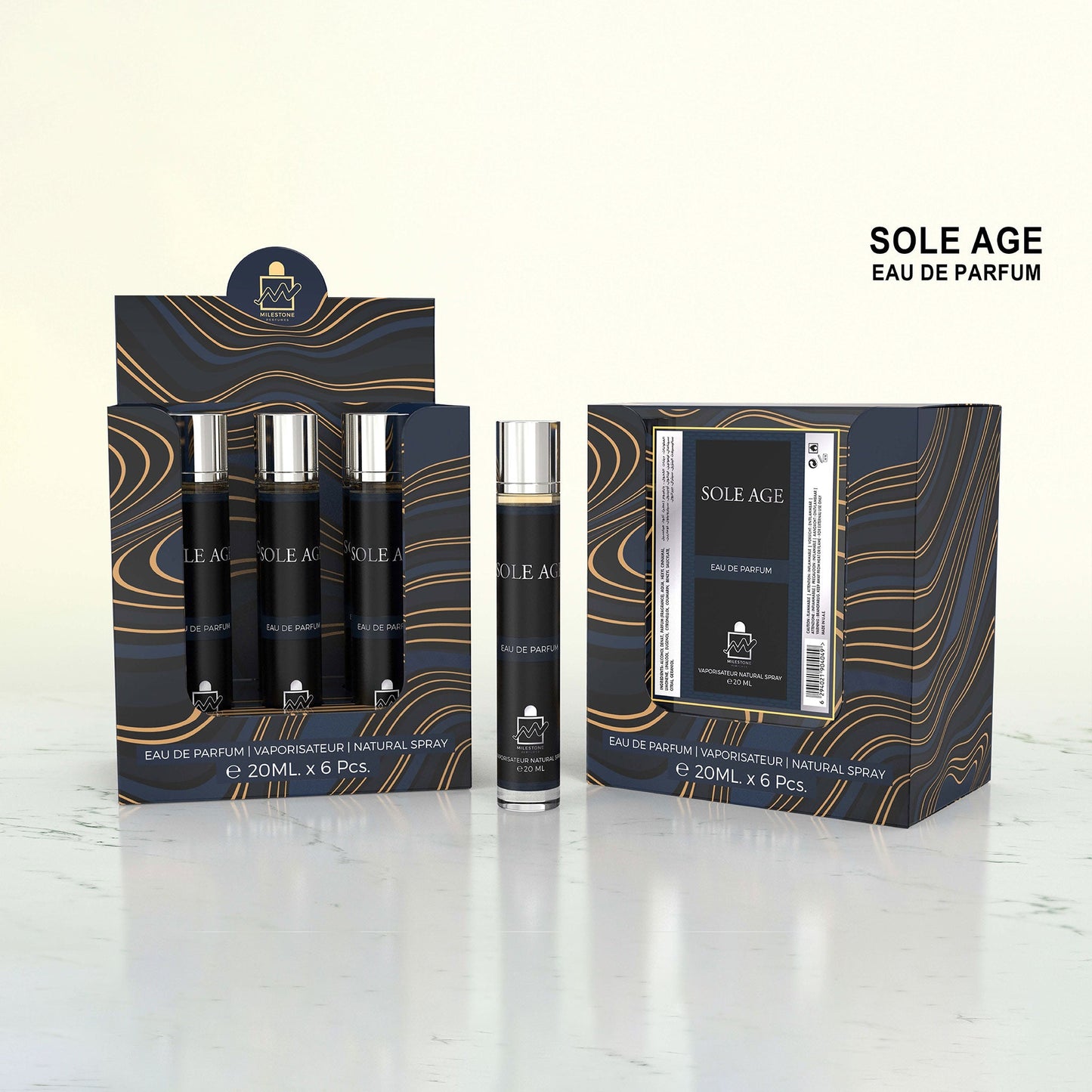 Retail-Ready Wholesale Pack: MILESTONE SOLE AGE Pour Homme 5×20ml (100ml) EDP + Free Tester — Mandarin & Bergamot, Cedar & Sandalwood, Tonka & Vanilla