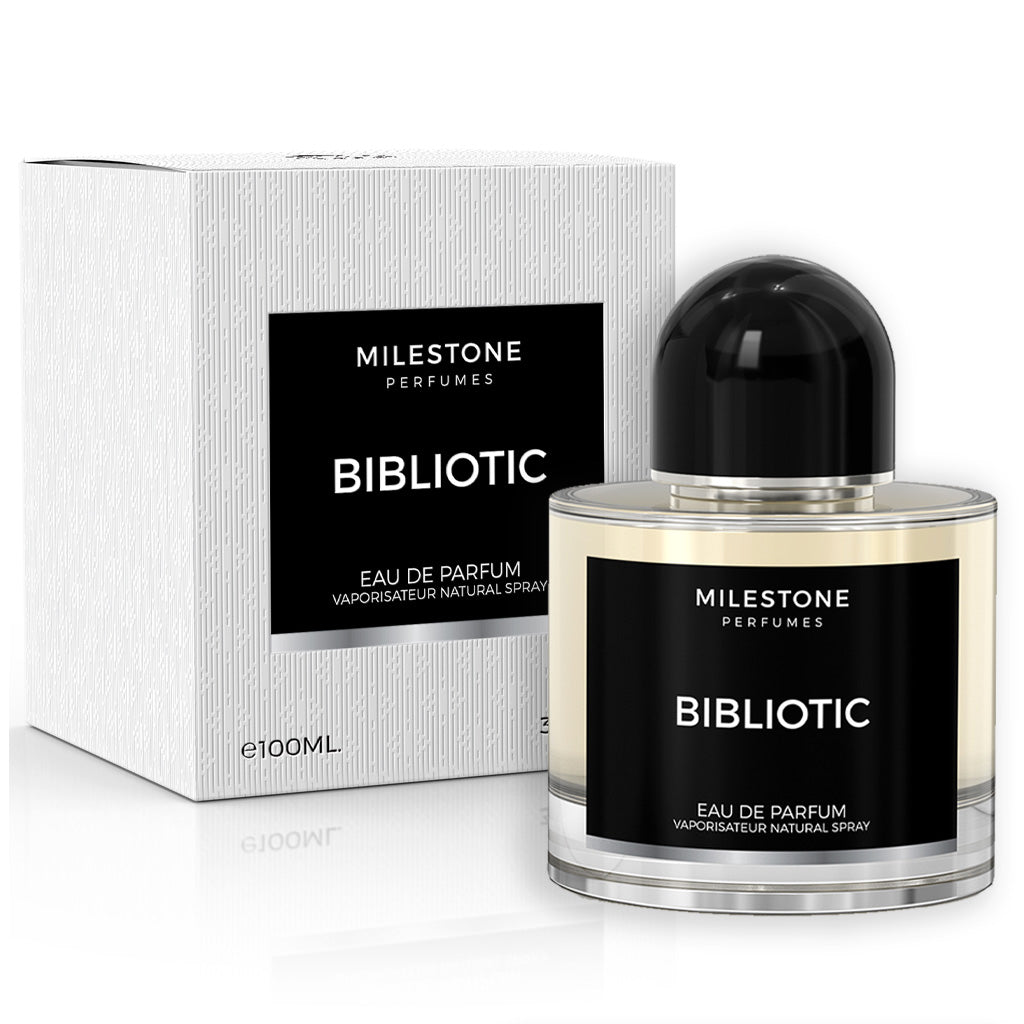 MILESTONE Bibliotic — Premium 100ml Unisex EDP: Plum & Peach Top, Violet–Peony Heart, Leather–Musk Vanilla Base