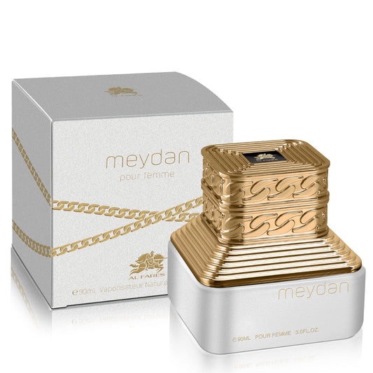 AL FARES Meydan Pour Femme — 90 ml Eau de Parfum: Premium Oud & Cedar Signature with Fruity-Floral Top, Grape-Raspberry Heart and Vanilla-Amber Musk Base — High-Margin Retail SKU