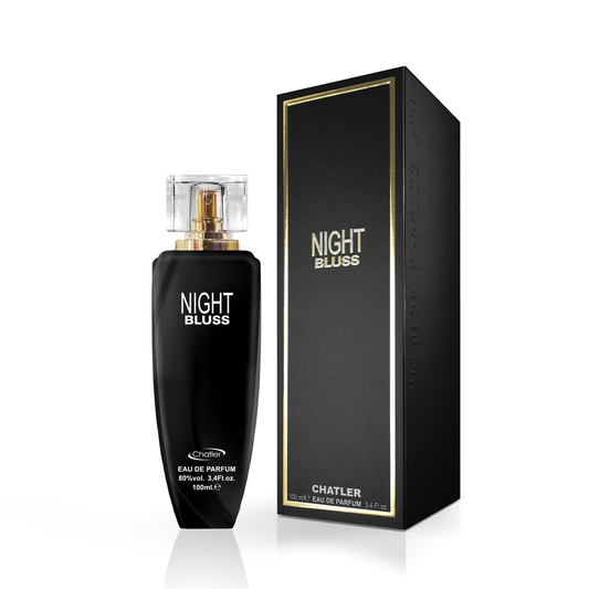 CHATLER Bluss Night Woman — Premium 100 ml Floral Eau de Parfum (Peach & Aldehydes Opening; Jasmine and Violet Heart; Sandalwood & Moss Base)