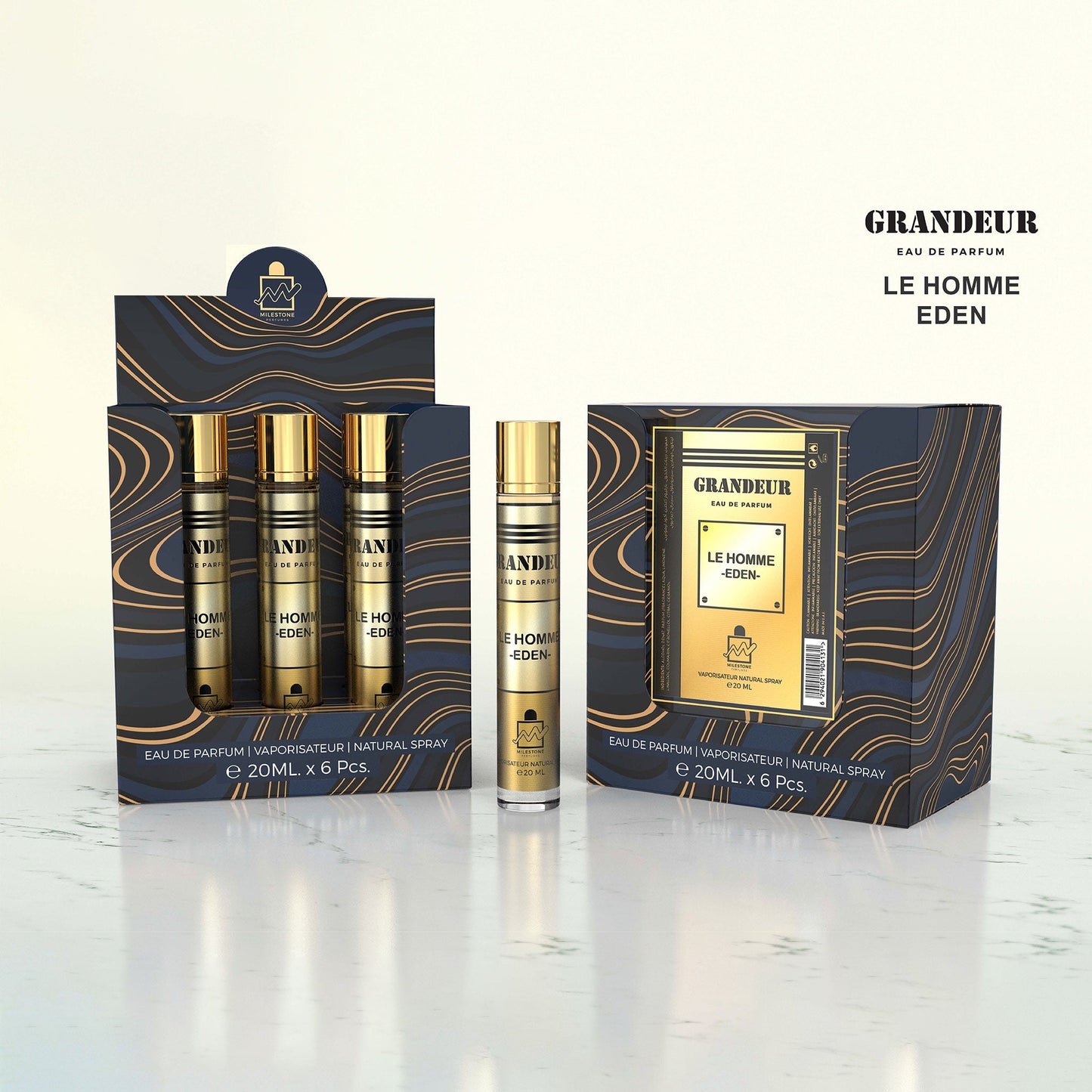 MILESTONE Grandeur Le Homme Eden Eau de Parfum — Retail Pack 5×20ml + Free Tester | Woody Tonka-Bean, Lavender, Benzoin