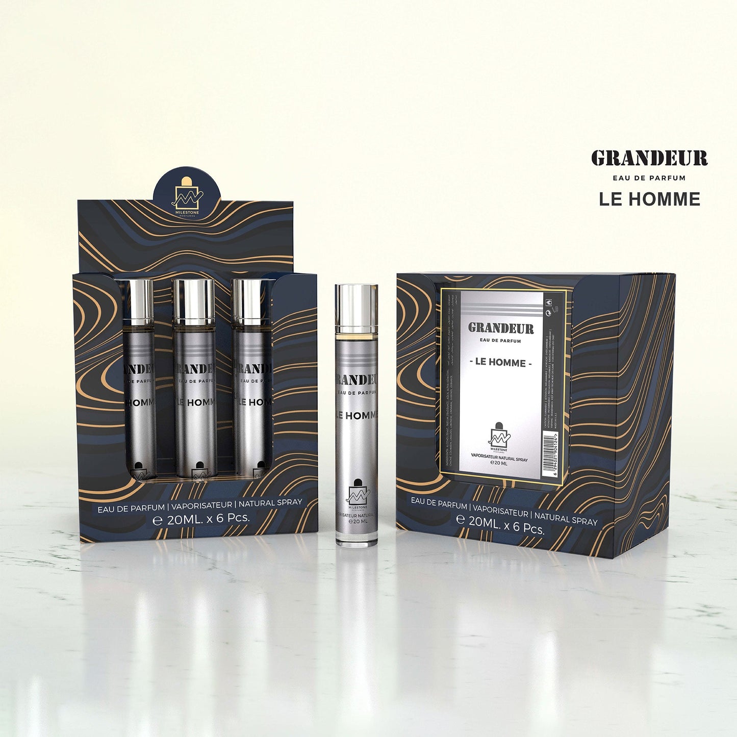 MILESTONE Grandeur Le Homme Eau de Parfum — 5×20ml (+1 Free Tester): Lavender-Bergamot Top, Spiced Floral Heart, Vanilla-Amber Base — Premium Men's Fragrance Pack for Retailers
