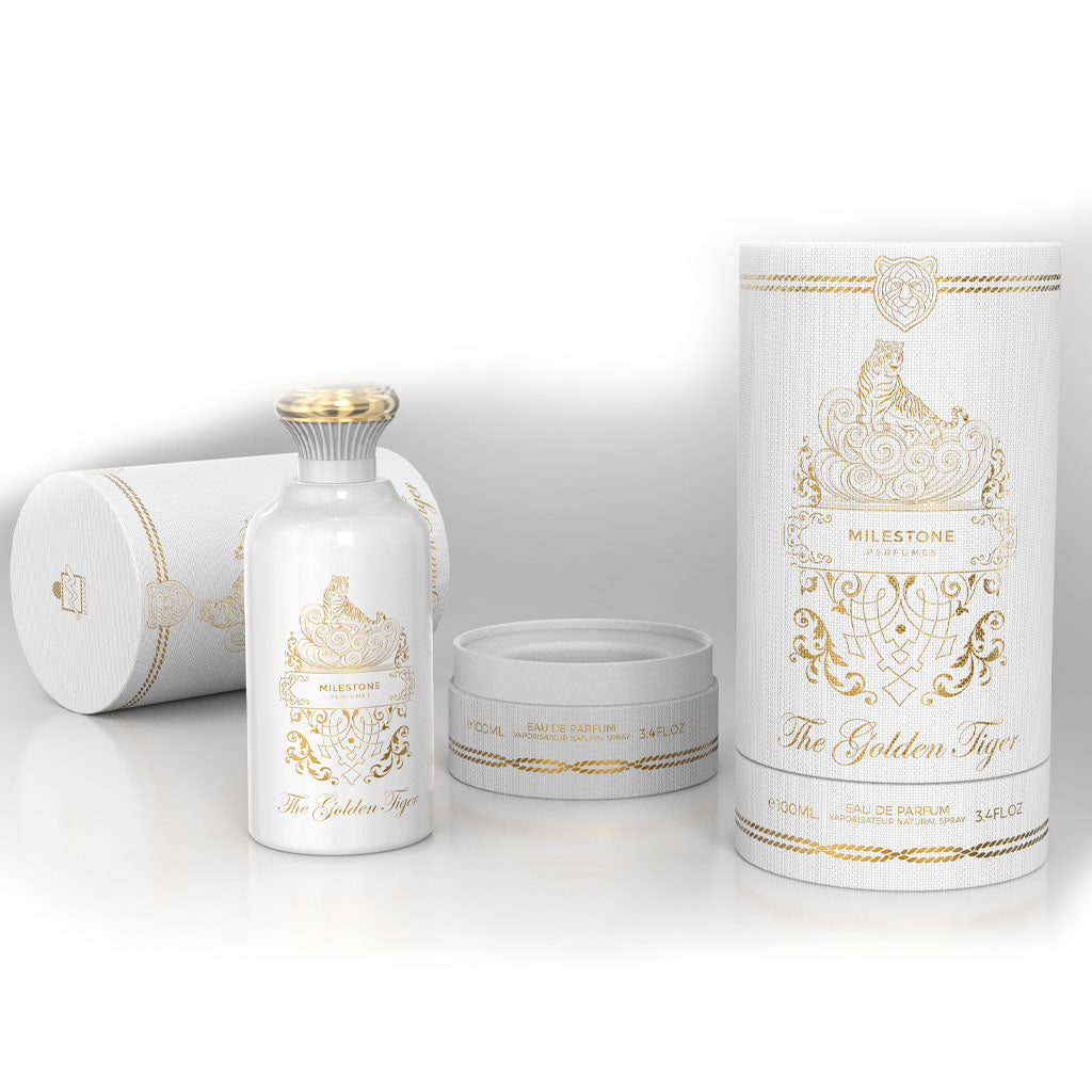 Milestone — The Golden Tiger 100ml EDP (Unisex): Premium Amber & Dark Vanilla Fragrance in Custom Round Gift Tube for Upscale Retail