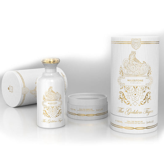 Milestone — The Golden Tiger 100ml EDP (Unisex): Premium Amber & Dark Vanilla Fragrance in Custom Round Gift Tube for Upscale Retail